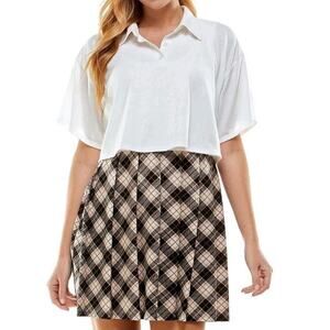 Kingston Grey Preppy Plaid Schoolgirl Dress 2PC Skirt Set Juniors L White Tan